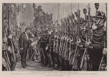 Die Eröffnung der französischen Versammlung, die Wachen salutieren den Präsidenten der Kammer